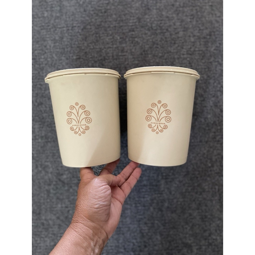 (2) Tupperware Servalier Canister Food Containers w/Lids Almond